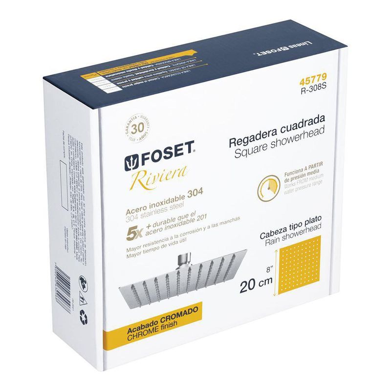 Cabeza de Ducha Cuadrada 8 Plg Cromada - Foset