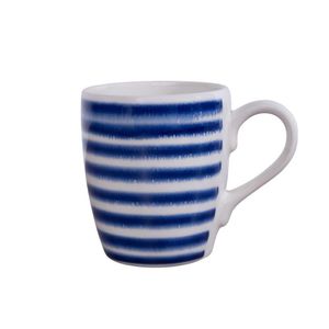Taza Blanca con Líneas Azules Horizontales Estilo Náutico 12.8 Oz