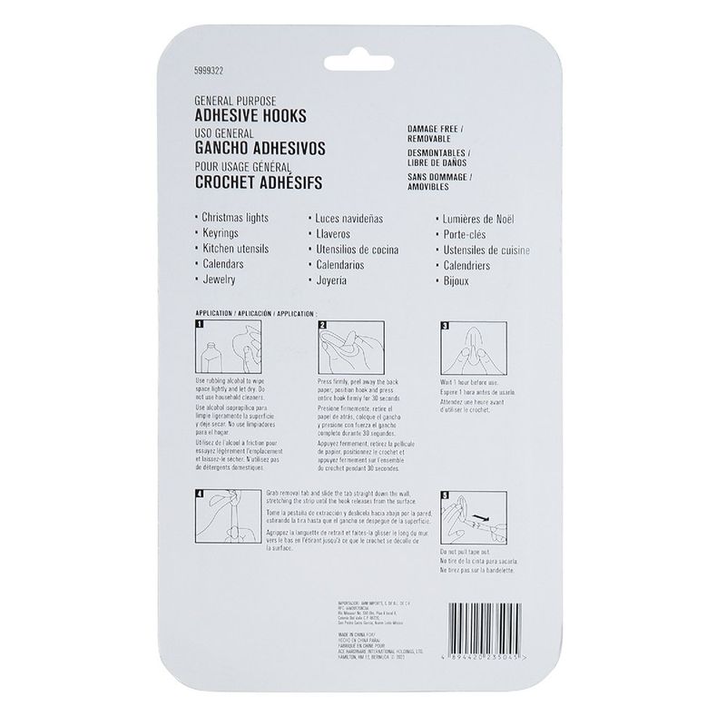 Ganchos Adhesivos 4.4 Lbs Blancos 7 Pzas y 10 Tiras - Ace