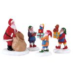 Set de 4 Figuras Santa y sus Elfos con Regalos para Villa Navideña