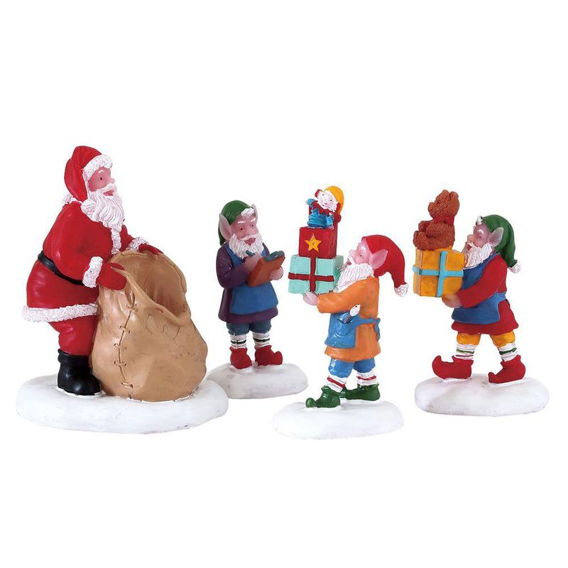 Set de 4 Figuras Santa y sus Elfos con Regalos para Villa Navideña