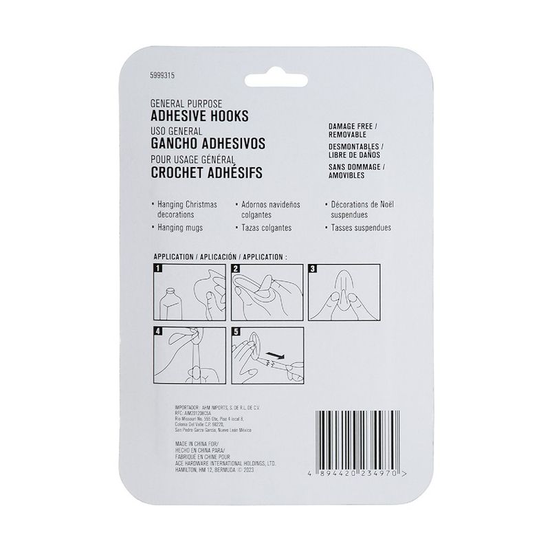 Ganchos Adhesivos 2.2 Lbs Blancos 7 Pzas y 10 Tiras - Ace