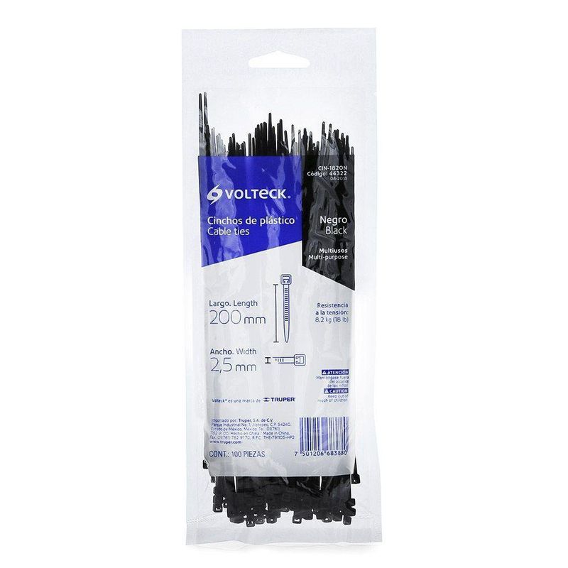 Cincho Estándar De 20 Cm Y 18 Lb Negro 100 Pzas - Volteck