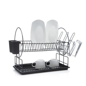 Escurridor de Platos Doble Nivel con Porta Cubiertos Negro