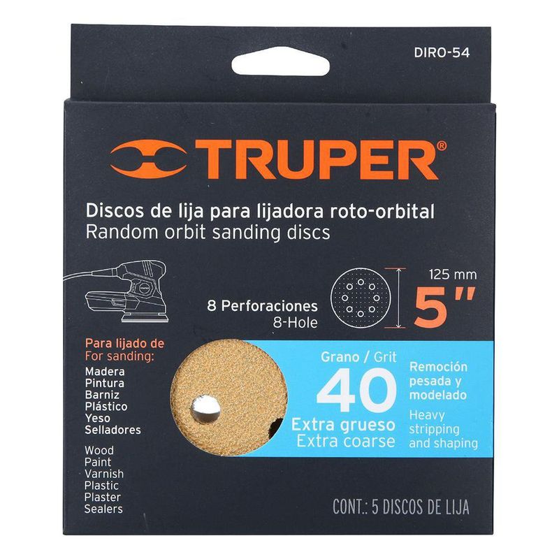 5 Discos De Lija Roto-Orbital Grano 40 - Truper