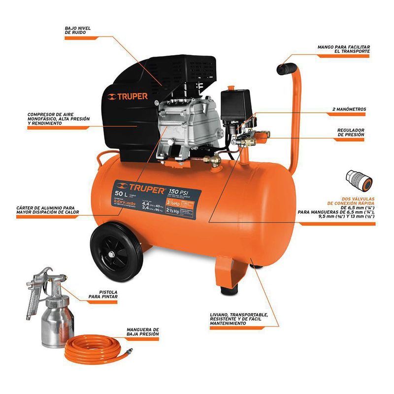 Kit Compresor Horizontal De 50 L 3 1/2 Hp - Truper