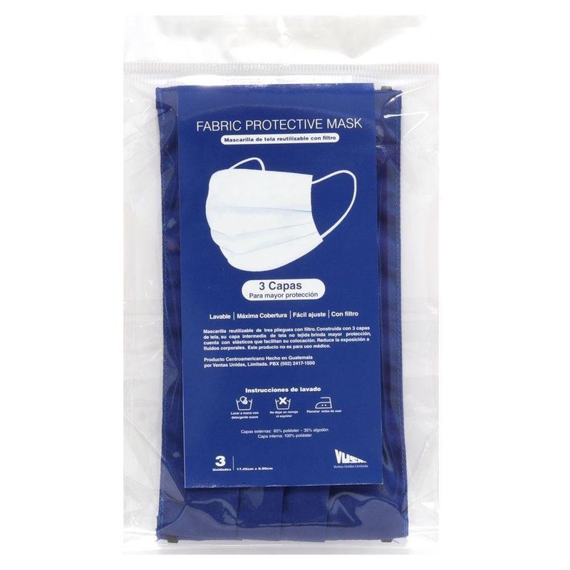 Pack De 3 Mascarillas Lavables Azul, 3 Capas - Vusa