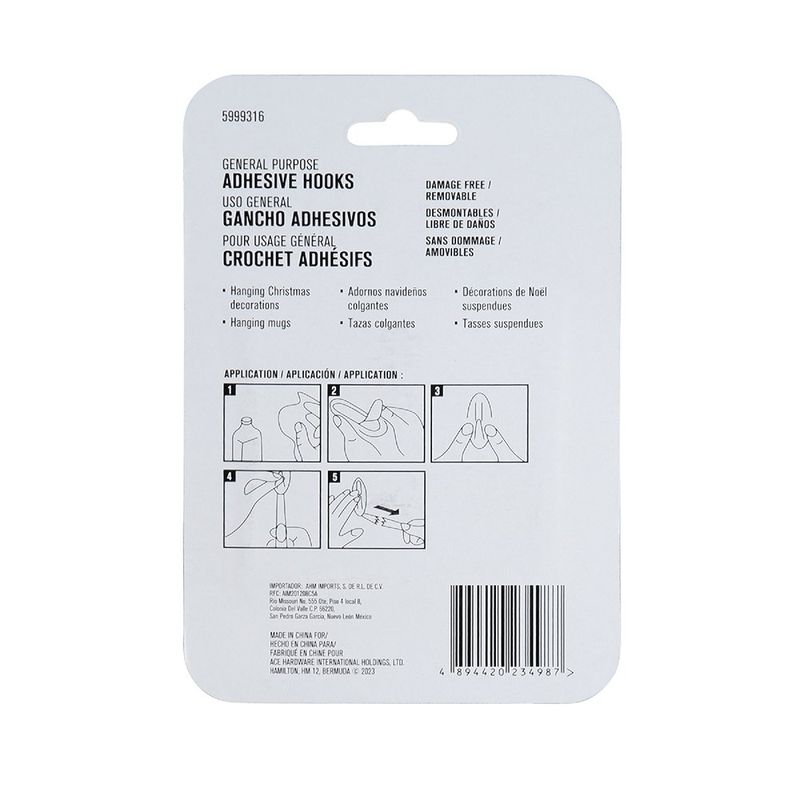 Ganchos Adhesivos 2.2 Lbs Transparentes 3 Pzas y 4 Tiras - Ace