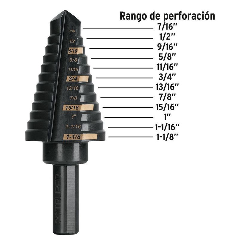 Broca Escalonada con 12 Escalones de 7/16 - 1 1/8 Plg - Truper