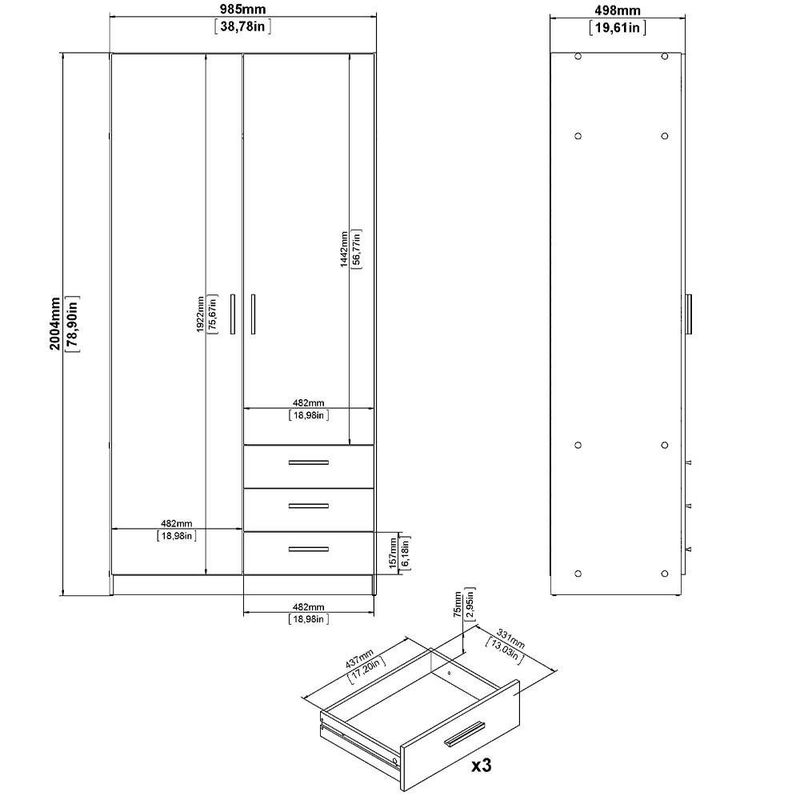 Armario 2 Puertas y 3 Gavetas Gris Oscuro 98.5x49.8x200.4 Cm - Tvilum