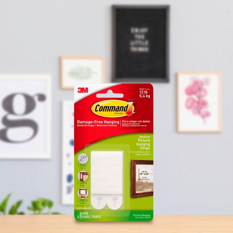 Tiras Adhesivas para Cuadros Capacidad 12 lb, Paquete 4 Pares
