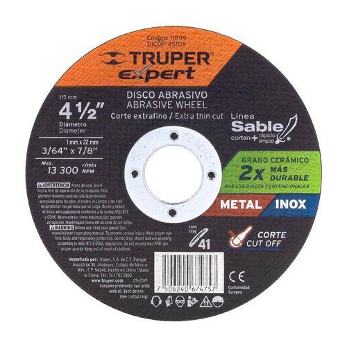 Disco Abrasivo Corte Fino Tipo 41 De 4 1/2 Plg - Truper Expert