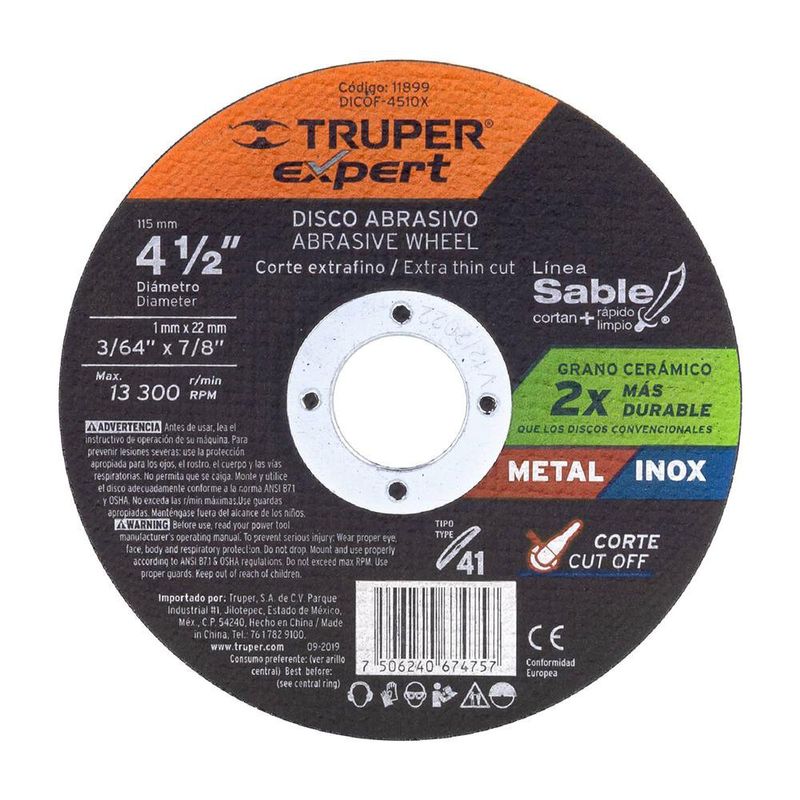 Disco Abrasivo Corte Fino Tipo 41 De 4 1/2 Plg - Truper Expert