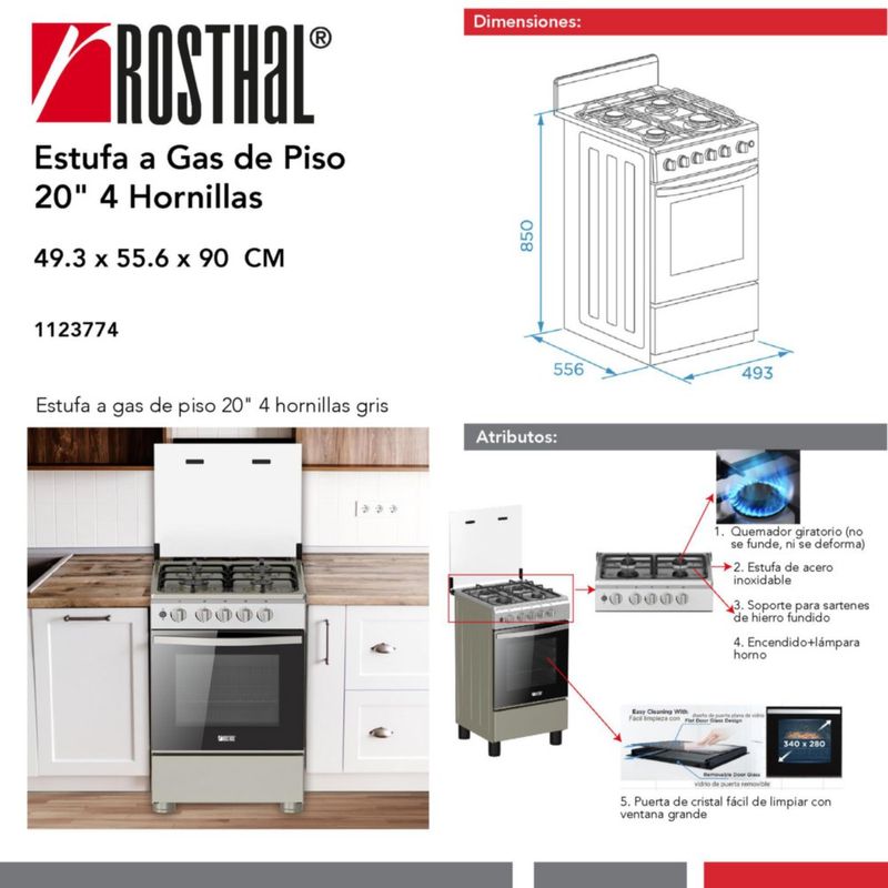 Estufa de Piso de 4 Hornillas a Gas de 20 Plg