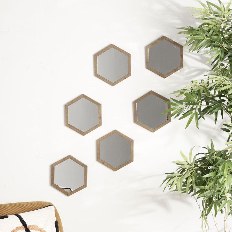 Set de 6 Espejos Decorativos Hexagonales de Madera