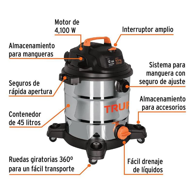 Aspiradora de Contenedor de Acero Inoxidable 12 Gal