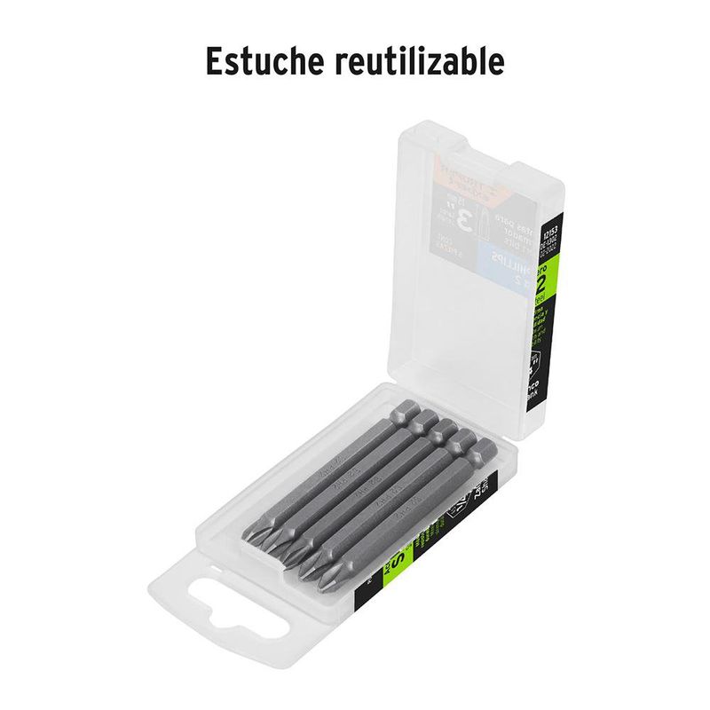 Estuche con 5 Puntas de Cruz PH2 Largo 3 plg
