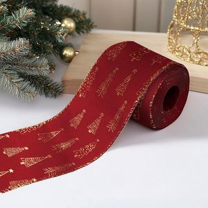 Listón Navideño con Árboles Dorados de 2.5 plg x 10 yardas Color Rojo