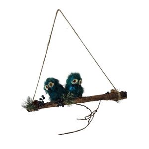 Colgante Navideño de Tronco con Búhos Azules y Detalles Naturales