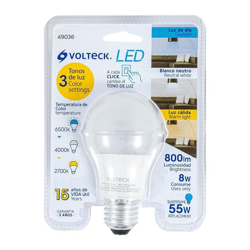 Lámpara Tipo Bombilla LED con 3 tonos de Luz - Volteck