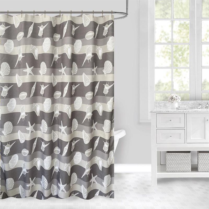 Cortina de Baño con Ganchos Gris con Diseño de Mar