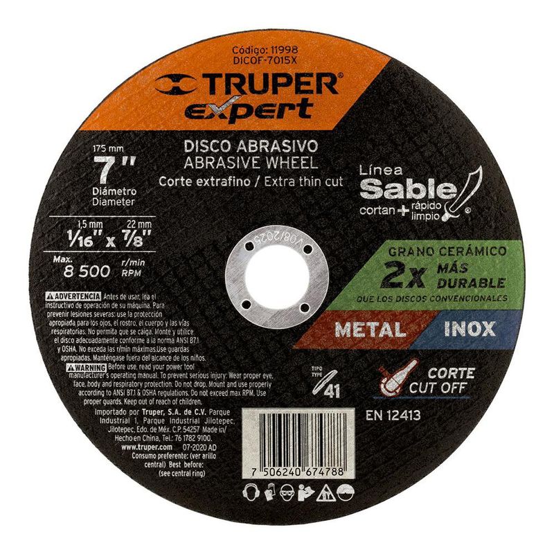 Disco De Corte Fino Tipo 41 7 Plg x 1.5 Mm - Truper Expert