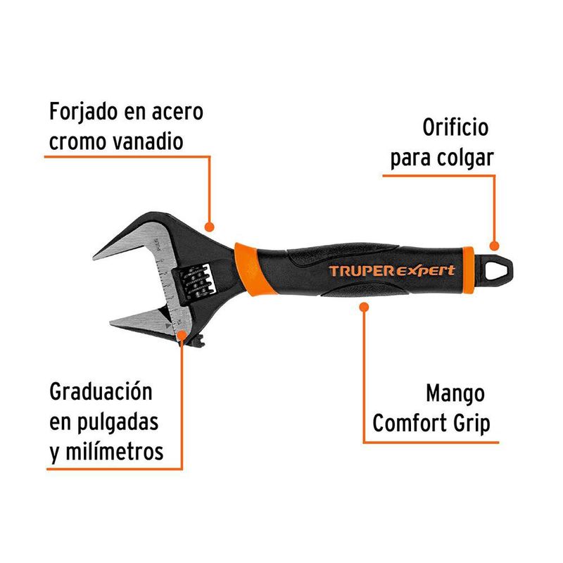 Llave Ajustable de 8 Plg Boca Ancha Mango Confortable, Expert