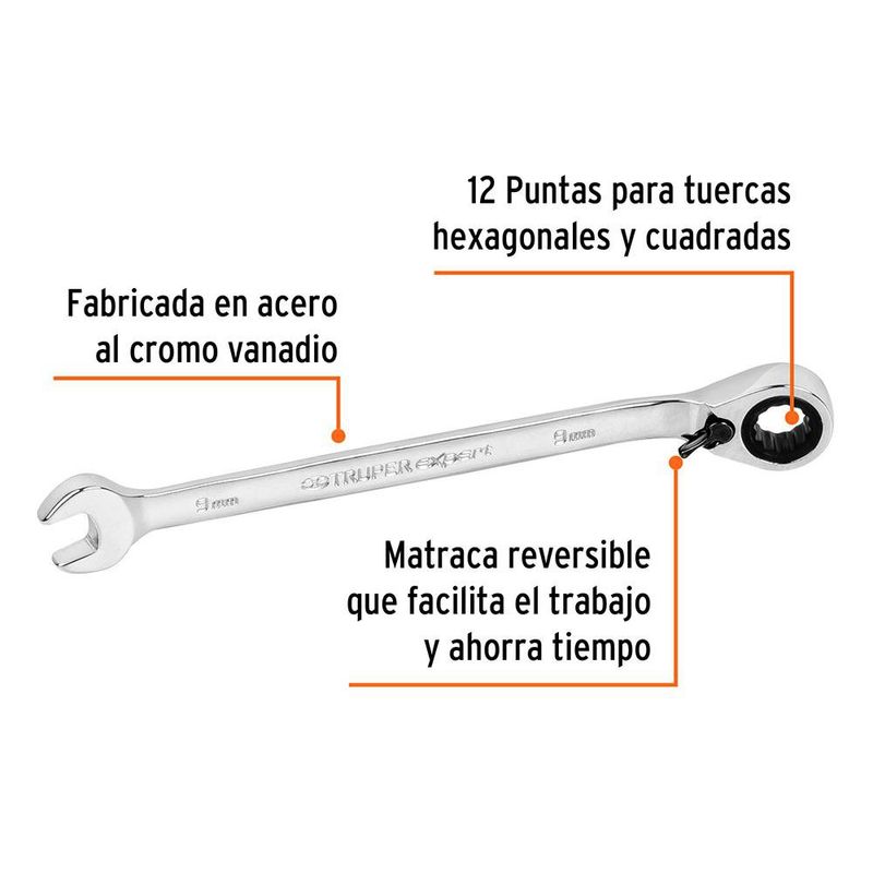 Llave Combinada Matraca Reversible 9 mm x148 mm Largo, Expert