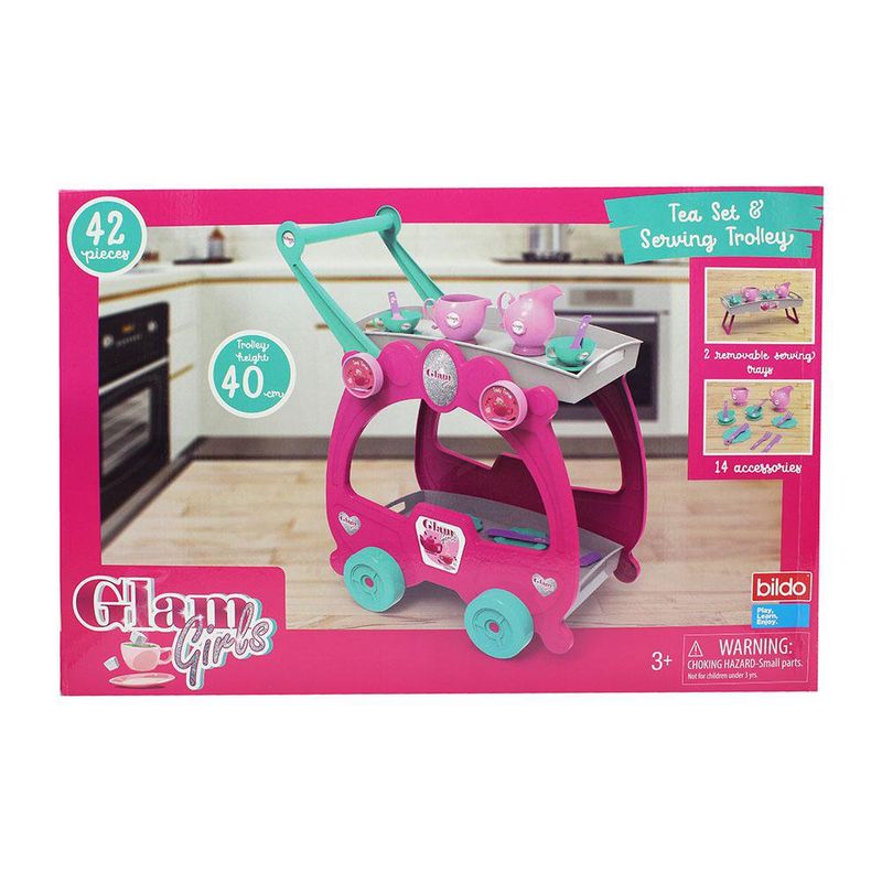 Juego y Carrito para Servir Té Rosado y Turquesa 42 Pzas