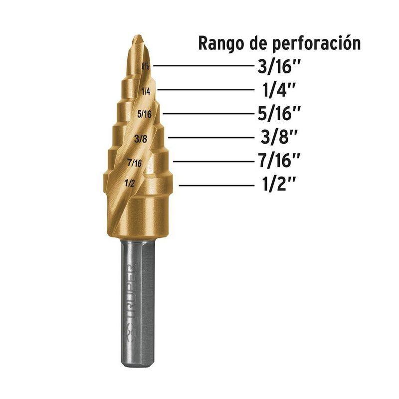 Broca Escalonada de Titanio 6 Escalones 3/16-1/2 Plg - Truper Expert