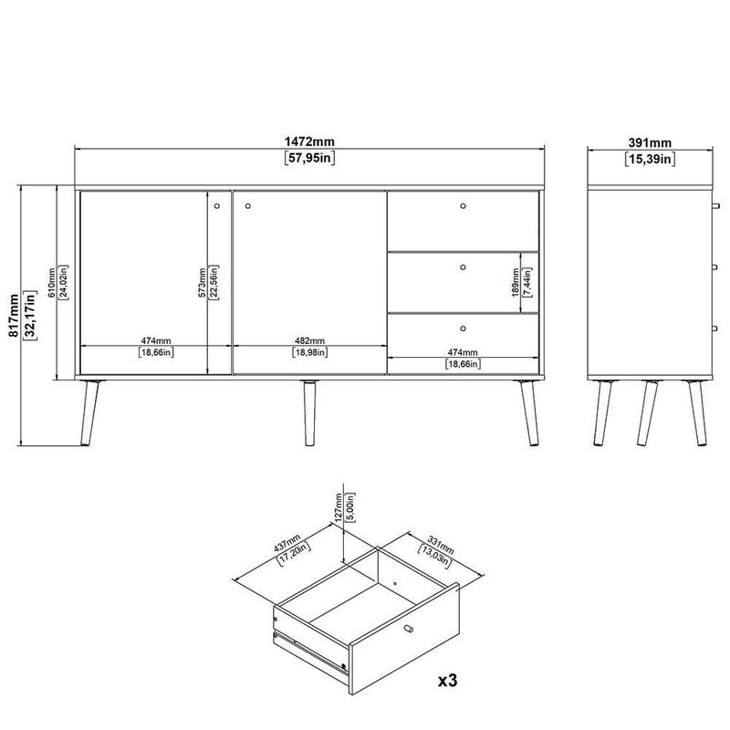 Bufetera Zoe Blanca 2 Puertas 3 Gavetas 147.2x39.1x81.7 Cm - Tvilum