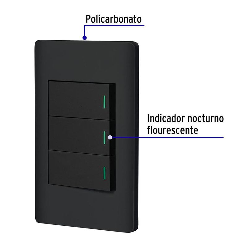Placa Armada 2 Interruptores Sencillos + Interruptor 3 Vías Lisboa Negro - Volteck