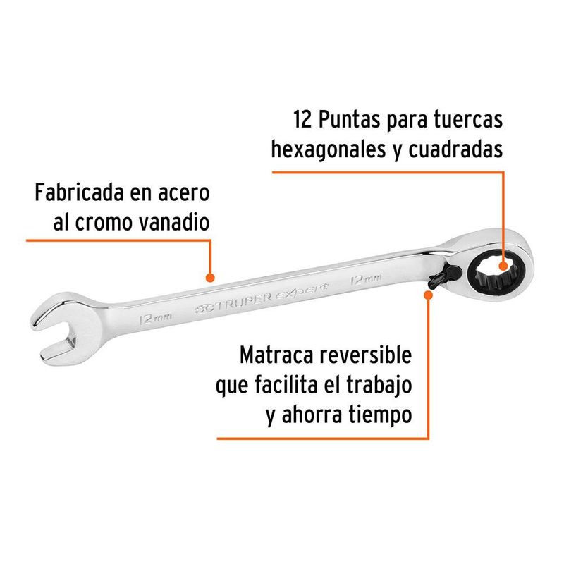 Llave Combinada Matraca Reversible 12mm x168 mm Largo, Expert