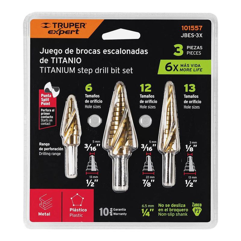 Set Brocas Escalonadas de Titanio 3 Pzas Metal/Plástico - Truper Expert