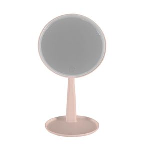 Espejo Redondo con Luz LED y Base Rosa