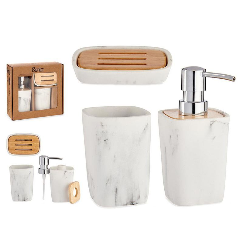 Set de Accesorios para Baño Blanco y Detalle de Bambú