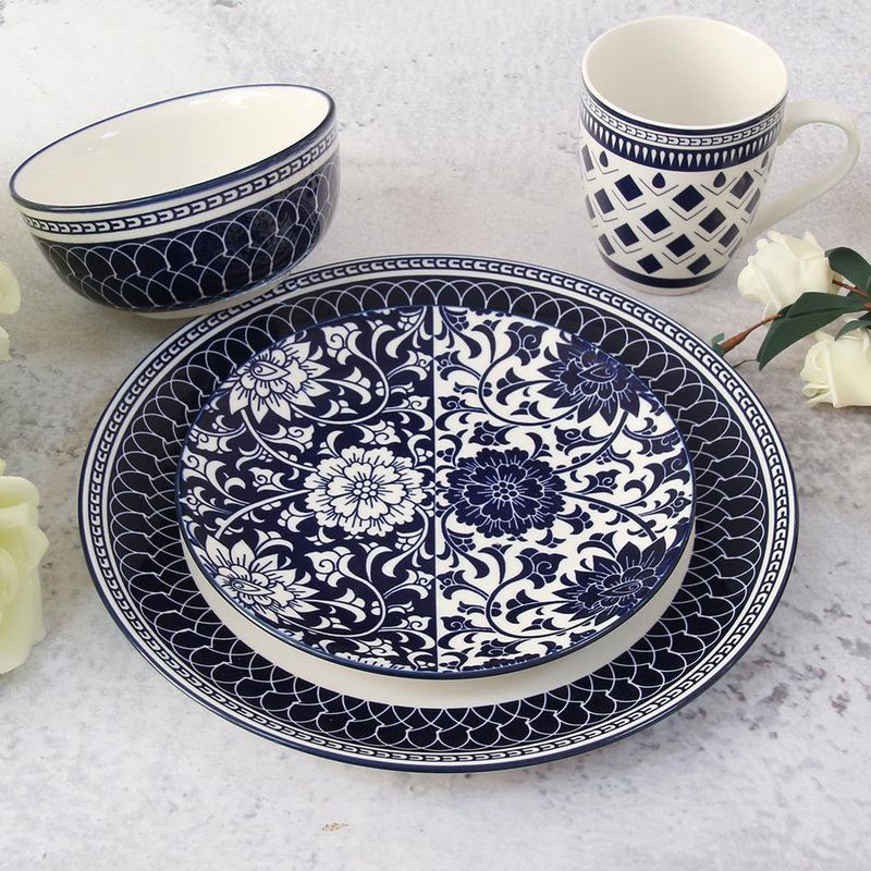 Vajilla Cerámica Diseño Azul Floral 16 Pzas