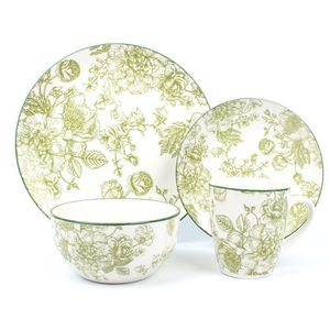Vajilla Elizabeth Cerámica Diseño Floral Verde 16 Pzs