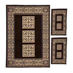 Combo de Alfombra Mamlook 133x190 + 2x50x80 Cm Diseño 3 Cuadros Café