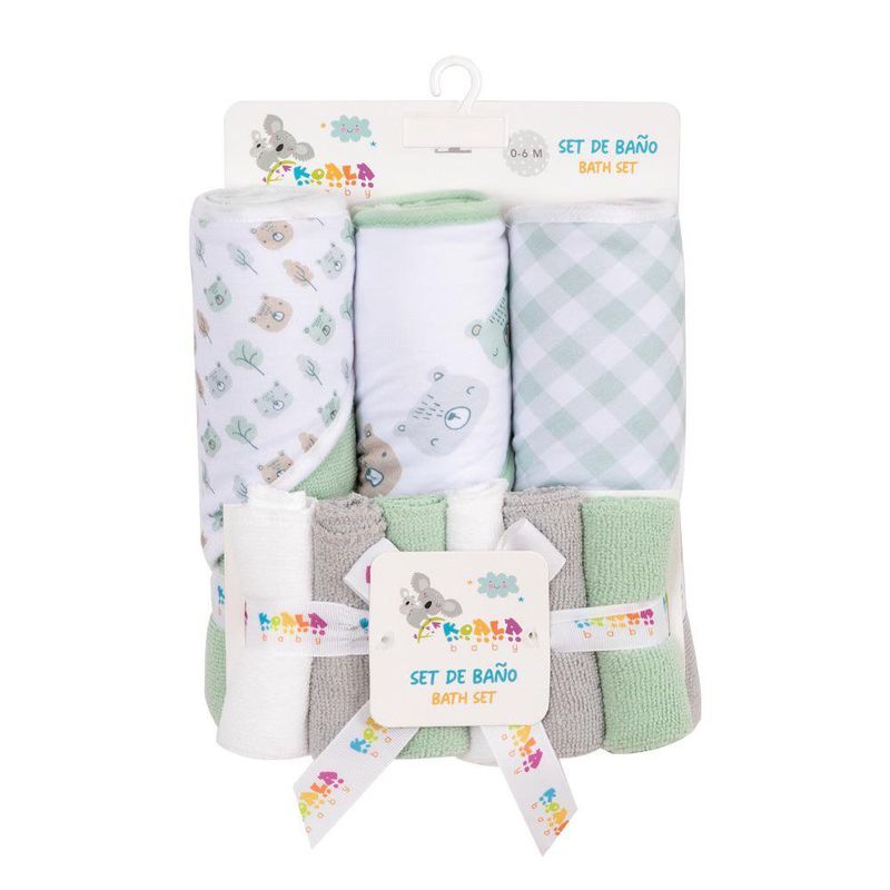 Set de Baño Toallas con Capucha y Paños Faciales Osos Verde