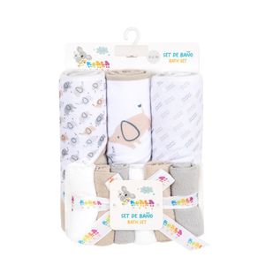 Set de Baño Toallas con Capucha y Paños Faciales Elefantes Beige