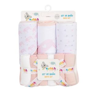 Set de Baño Toallas con Capucha y Paños Faciales Elefantes Rosa