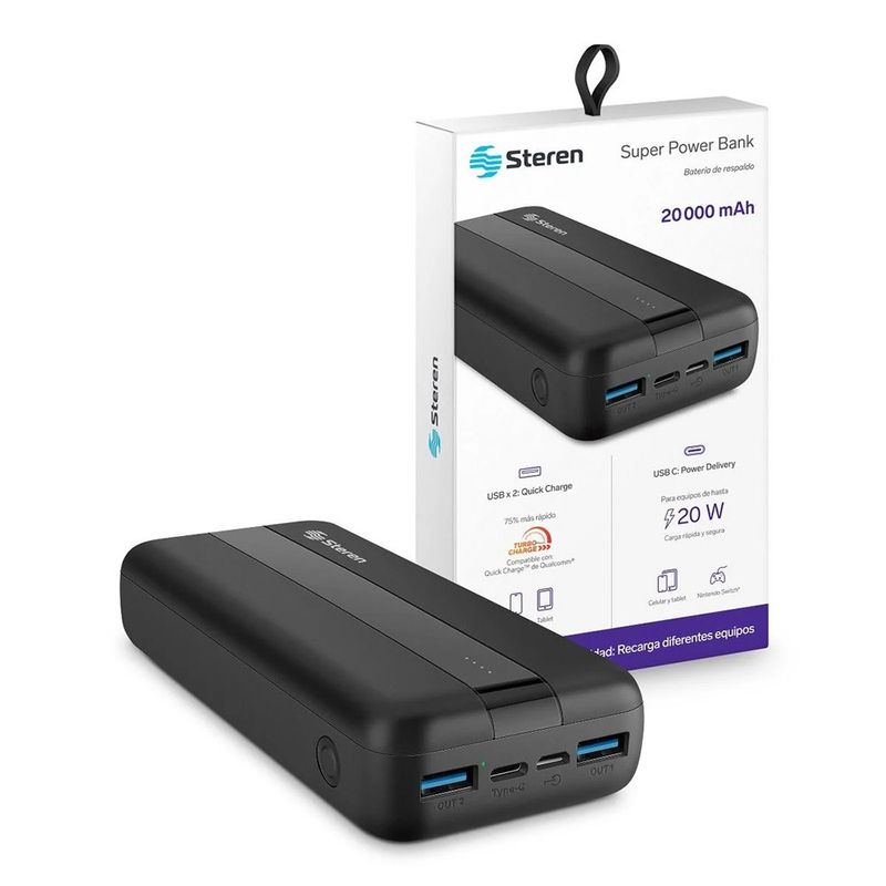 Batería de Respaldo 20000 mAh Carga Rápida con 2 Salidas USB y USB-C Color Negro