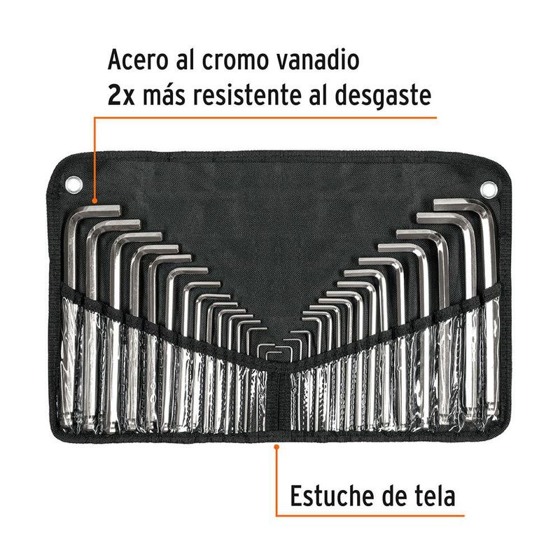 Set de 30 Llaves Allen Largas Std/Mm Punta Bola con Estuche