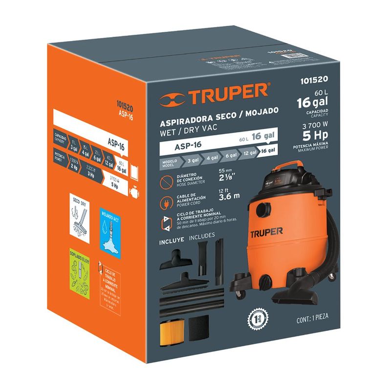 Aspiradora de Sólidos y Líquidos 16 Gal