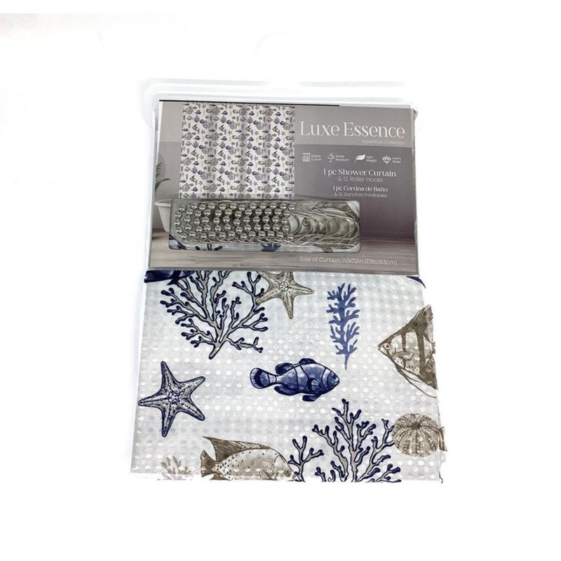 Cortina de Tela para Baño con Ganchos de 178 x 183 cm Diseño Océano