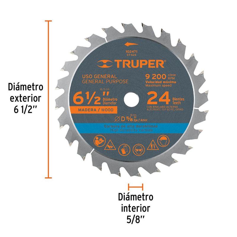 Disco Sierra Circular para Madera 24 Dientes 6-1/2 Plg
