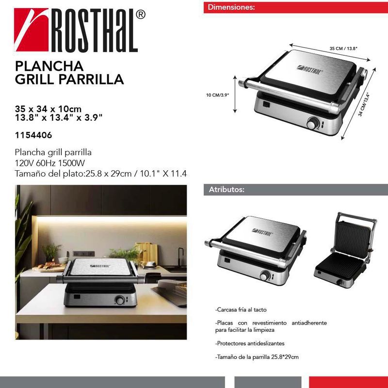 Plancha Grill 2000W Antiadherente de Acero Inoxidable