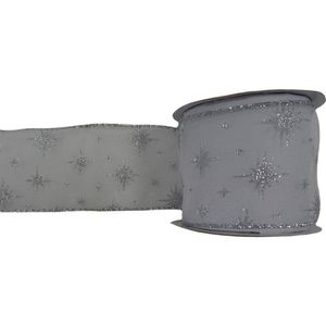 Listón Navideño de 2.5 plg x 10 yardas Color Plateado con Copos