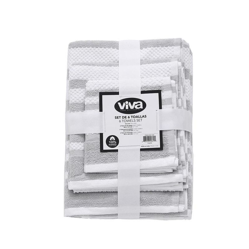 Set de 6 Toallas de 100% Algodón a Rayas Grises y Blancas con 2 de Baño, 2 de Mano y 2 Faciales